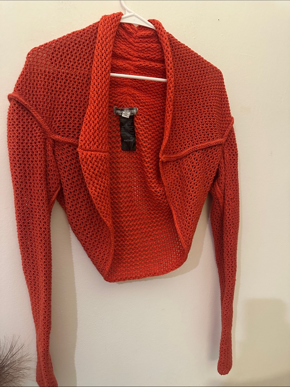 Urban Outfitters Red-Orange Cropped Open-Weave Shrug - Preloved